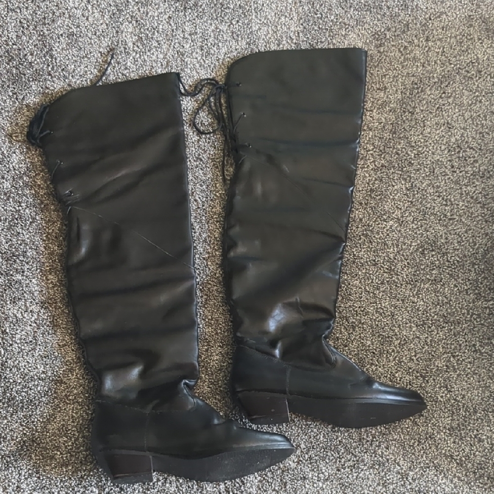 Pleaser Sexy Black Leather Over Knee Low Heel Cowboy Boots Women 10 Lace Up Back